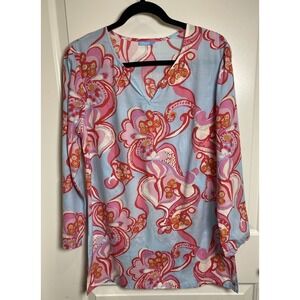 J.McLaughlin‎ Womens Floral Tunic Top Blue Pink Cotton V-Neck Size Medium
